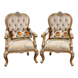Alessandra 2-Piece Ornate Velvet Armchair Set With Carved Gold Solid Wood Frame For Sale