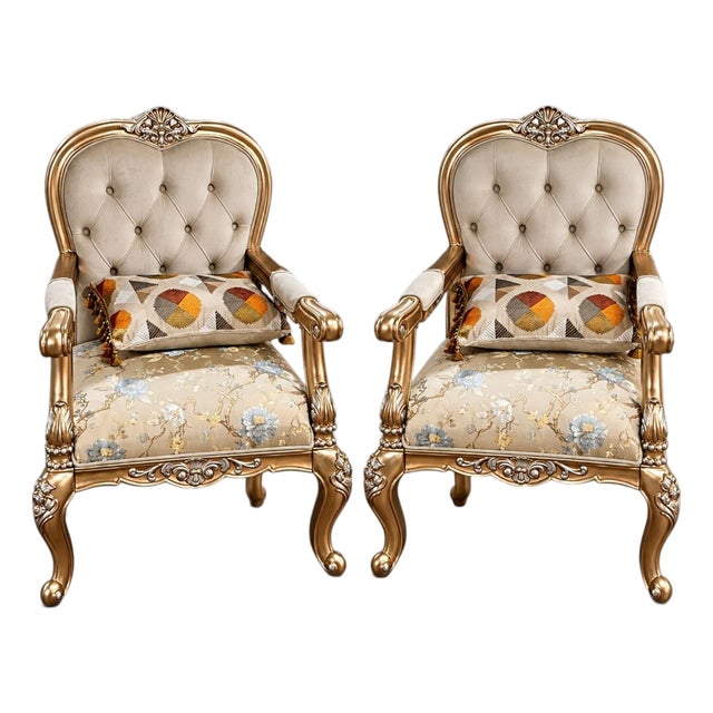 Alessandra 2-Piece Ornate Velvet Armchair Set With Carved Gold Solid Wood Frame For Sale