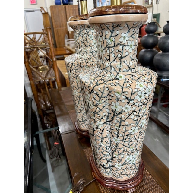 Ceramic Vintage Pink Porcelain Cherry Blossom Lamps, a Pair For Sale - Image 7 of 11