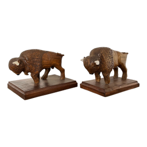 Vintage Carved Buffalo or Bison Sculpture s.l. Mitchell - Set of 2