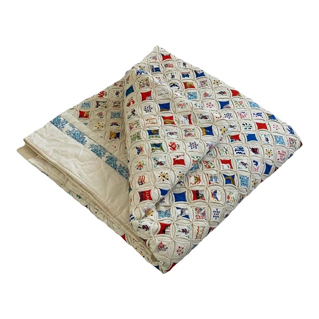 1976 Handmade Cathedral Window Quilt – American Bicentennial Theme – 76” X 98” For Sale