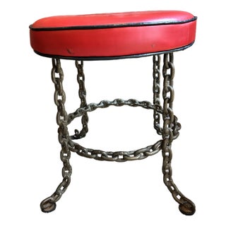 Vintage Industrial Brutalist Welded Iron Chain Stool With Red Vinyl Seat For Sale
