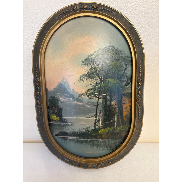 Vintage Atmospheric Mountain Landscape Painting in Ornate Oval Frame For Sale - Image 4 of 4
