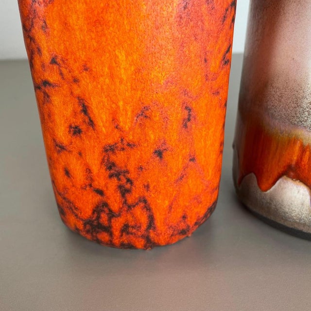 Fat Lava Orange Pottery Vases attributed to Scheurich, Germany, 1970s, Set of 2 For Sale - Image 9 of 18