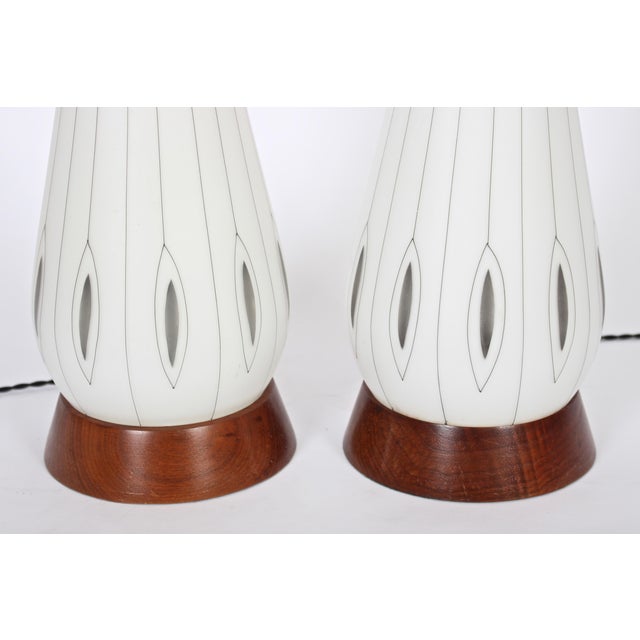 Mid 20th Century Frosted White Glass Table Lamps With Hand Painted Silver Overlay - A Pair For Sale - Image 10 of 12