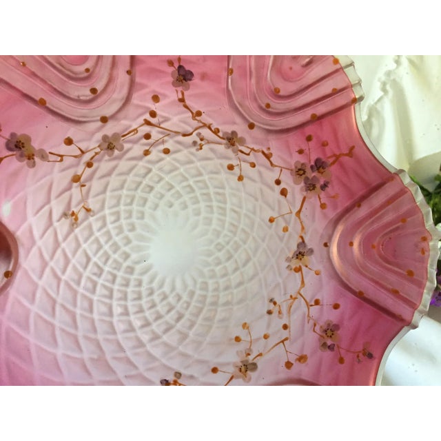 Dark Pink Late 19th Century Bohemian Victorian Art Glass Pink Cranberry Satin Glass Bride's Bowl with Diamond Optic Quilting Enameled Flowers For Sale - Image 8 of 13