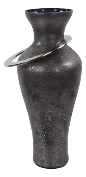Black Ore Glass Vase with metal accent- Medium