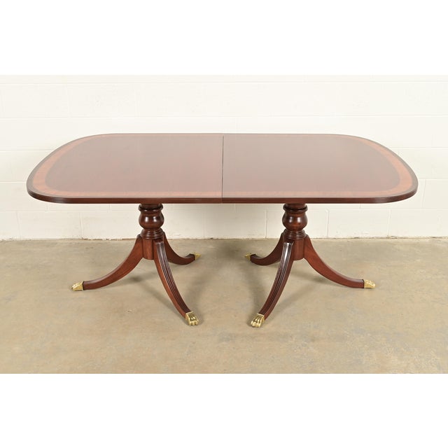 Wood Ethan Allen Georgian Banded Mahogany Double Pedestal Extension Dining Table, Newly Refinished For Sale - Image 7 of 15