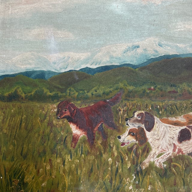 1940’s original folk art impressionist dogs running through field landscape painting. Measures 24x18 or 32x26 framed. Some...