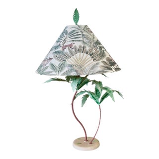 Vintage Sculptural Palm Tree Tole Lamp With Tropical Jungle Shade For Sale