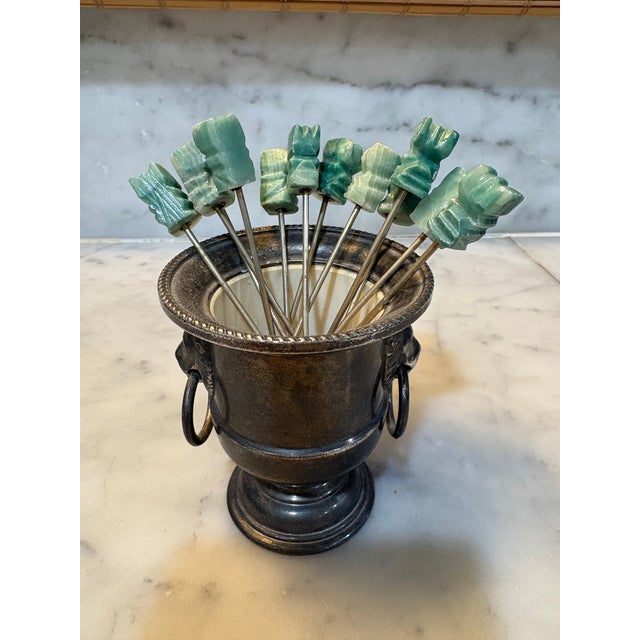 Mid 20th Century Vintage Hand Made Jade & Silver Cocktail Picks - Set of 12 for Charcuterie, Palm Beach Regency, Tiki Bar, Luau & Exotic Entertaining For Sale - Image 5 of 7