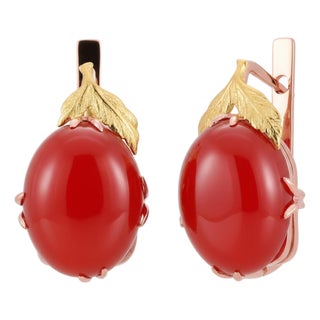 14k Rose Yellow Gold Floral Earrings Natural Carnelian Cabochons 20.40 Carats, A Pair For Sale