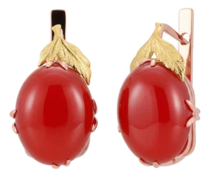14k Rose Yellow Gold Floral Earrings Natural Carnelian Cabochons 20.40 Carats, A Pair