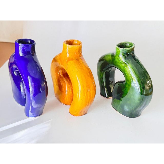 Vase in Enameled Ceramic Green, Blue and White, Italy, 1970s, Set of 3 For Sale - Image 10 of 12