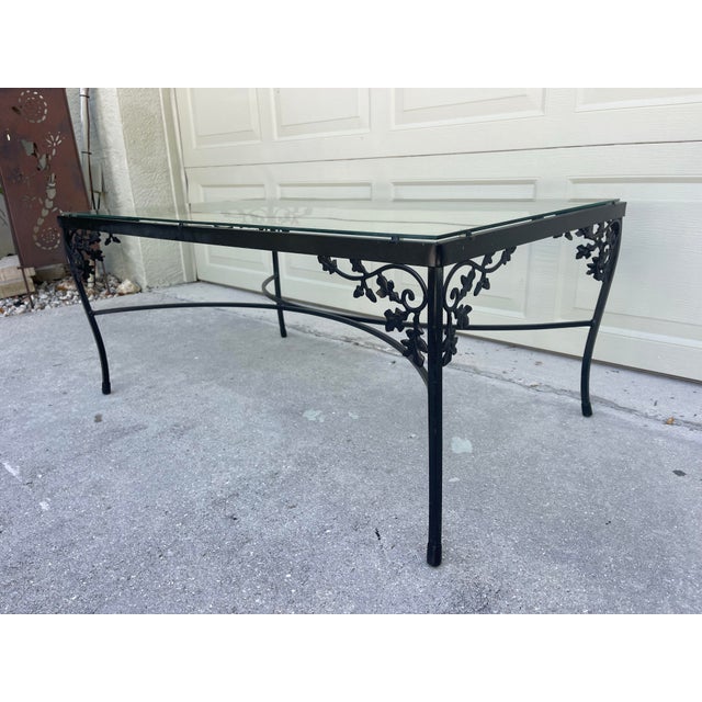 Hollywood Regency Vintage Woodard Orleans Wrought Iron Glass Top Coffee Table and End Table, a Set of 2 For Sale - Image 3 of 11