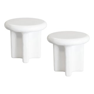Pair of Bodene Round Ivory Cast Resin Side Tables by Vuue For Sale