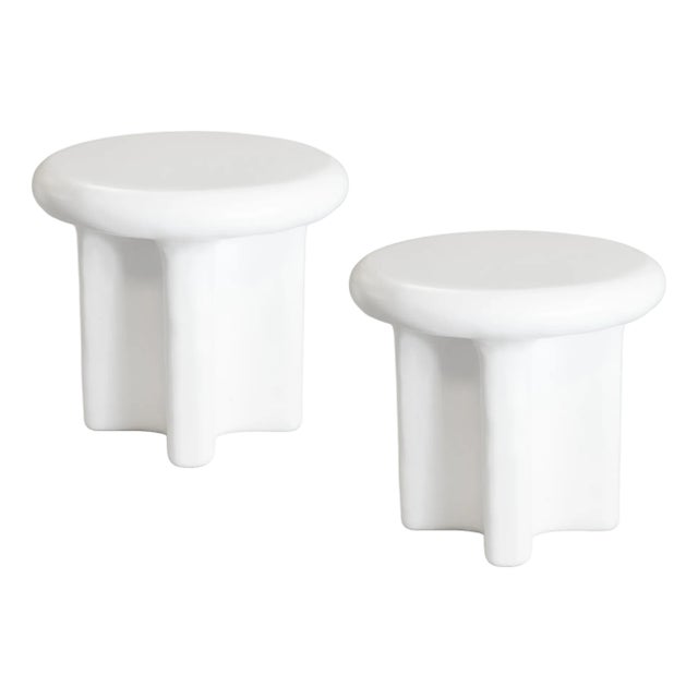 Pair of Bodene Round Ivory Cast Resin Side Tables by Vuue For Sale