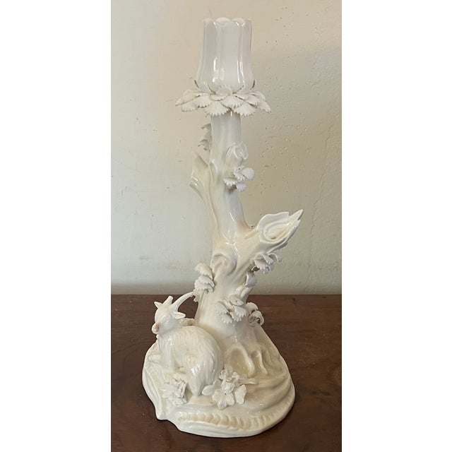 Antique 18th Century Derby Porcelain Blanc De Chine Candlestick Holder Faux Bois Tree Form Stem With a Goat For Sale - Image 10 of 17