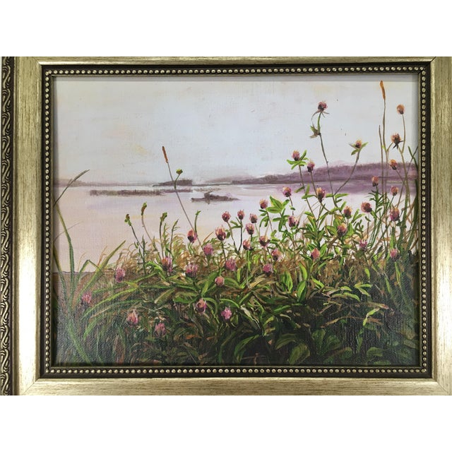 This beautiful 2014 acrylic on canvas board painting by Faye Hoban depicts clover in bloom in a Eastport Maine landscape...