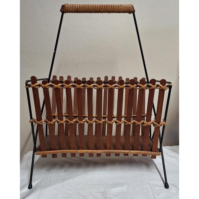Vintage Magazine Rack with Black Iron Frame and Teak Struts, 1970s For Sale - Image 6 of 6