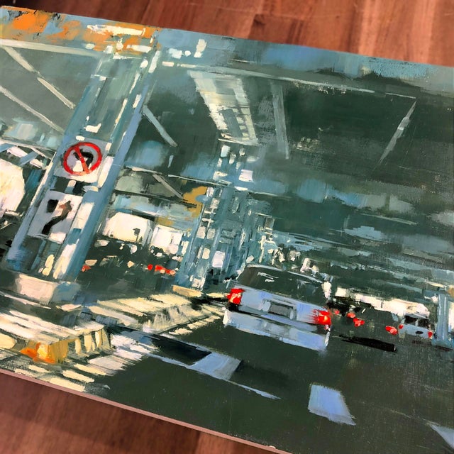 Contemporary Below the Noise by Lindsey Kustusch | Oil on wood panel of a city street under an overpass For Sale - Image 3 of 5
