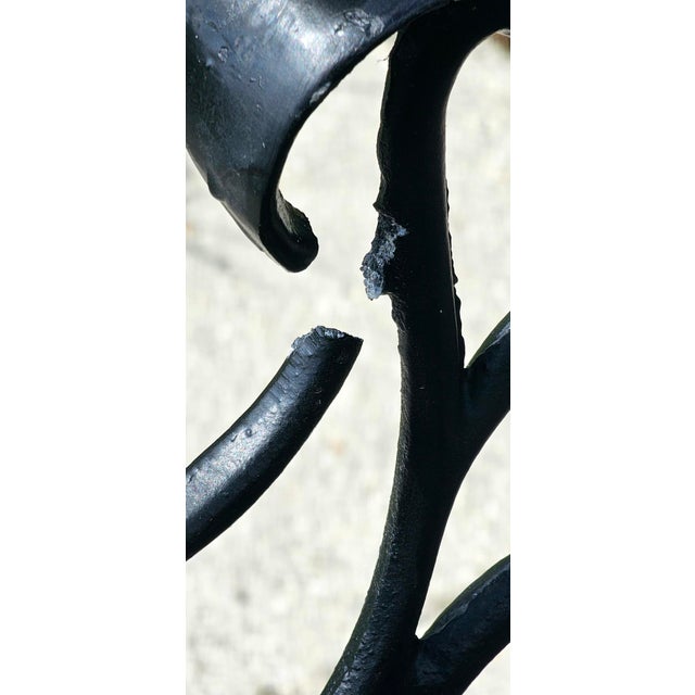 Mid-Century Ornate Cast Aluminum Patio Dining Set – Filigree Round Table With 4 Heart-Back Armchairs For Sale - Image 17 of 17