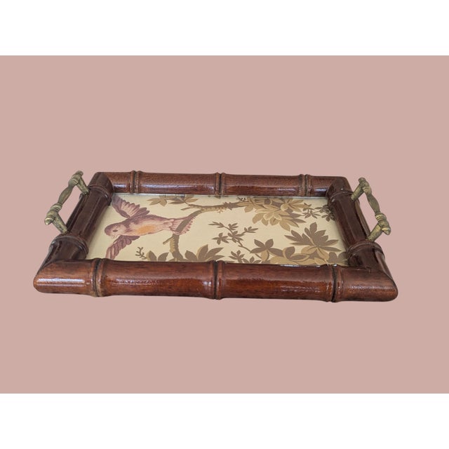 Wood Vintage Faux Bamboo Glass Tray With Schumacher Fabric Insert For Sale - Image 7 of 14