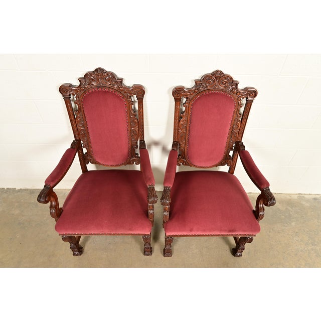 Late 19th Century R. J. Horner Style Antique Renaissance Revival Carved Walnut Armchairs | Pair For Sale - Image 5 of 14