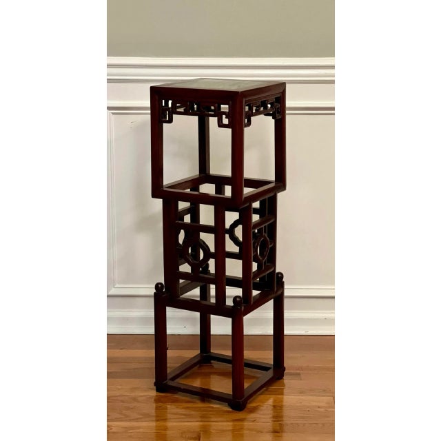 Chinese 20th Century Chinese Square Carved Rosewood Pedestal Stand With Marble Top For Sale - Image 3 of 12