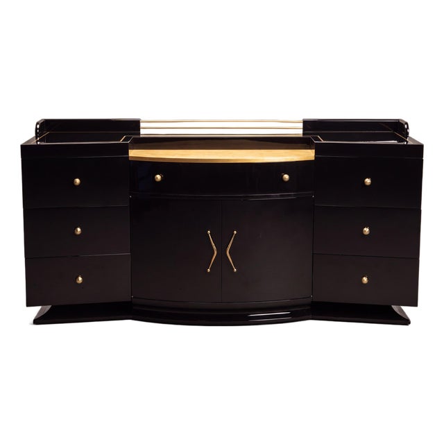 Art-Deco Bar Cabinet in High-Gloss Piano Black With Brass Hardware & Gold Leaf For Sale