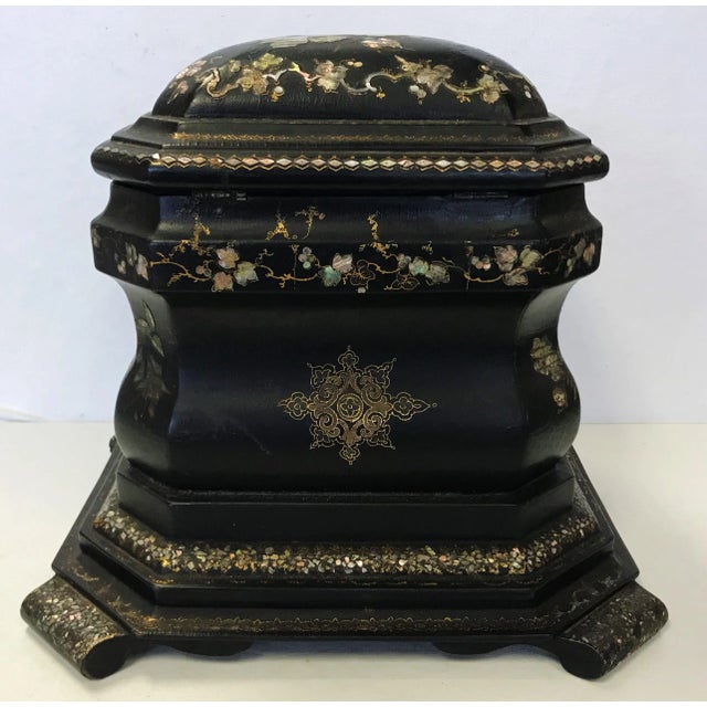 Traditional 19th Century Papier Mâché Lacquered Jewelry Box Hand Painted with Inlaid With Mother-Of-Pearl For Sale - Image 3 of 13