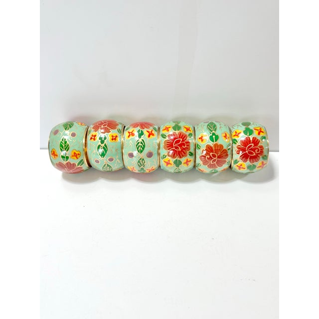 Traditional Vintage Asian Lacquered Brass Floral Napkin Rings, Hand-Painted Mint Green - Set of 6 For Sale - Image 3 of 5