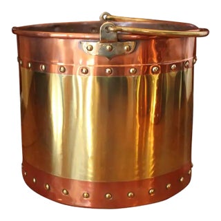 Large Copper and Brass Kindling Pot With Handle For Sale