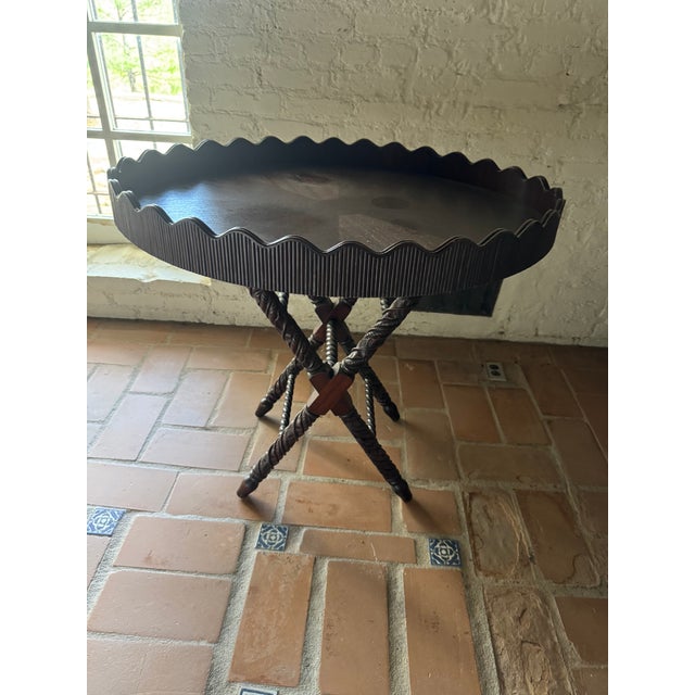 English Carved Scalloped Round Tray Table on Barley Twist Folding Stand For Sale - Image 3 of 3