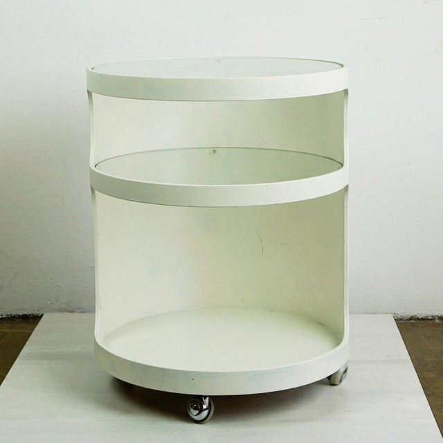 Charming white lacquered circular Space Age Bar Trolley, Side Table or serving Cart with two smoked glass tops on wheels...