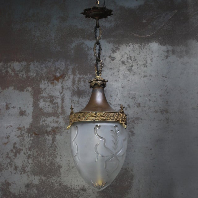 Metal Antique French Copper, Brass and Cut Glass Lantern Pendant Light, 1910s For Sale - Image 7 of 10