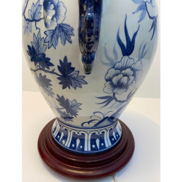 Pair of Blue and White Chinoiserie Porcelain Urn Table Lamps With Peacock Motif For Sale - Image 10 of 10