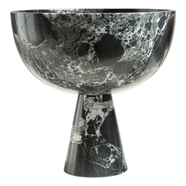 XL Black-Green Levanto Marble Pedestal Bowl from Kiwano Concept For Sale
