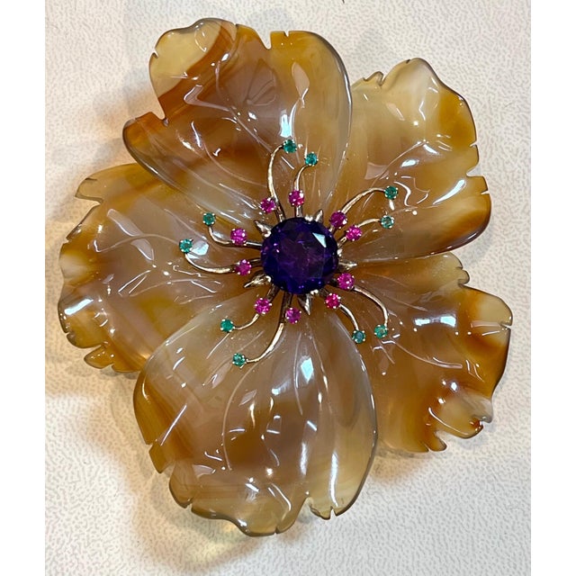 Blue 400 Carat Natural Agate, Amethyst, Ruby and Emerald Big Flower Pin 14K Gold For Sale - Image 8 of 18