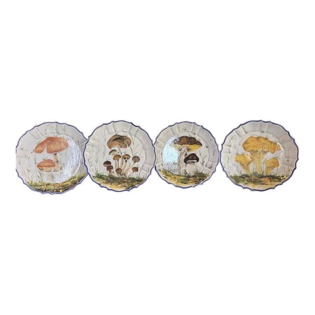 1970s Mushroom Bassano Hand Painted Plates - 4 in Set For Sale