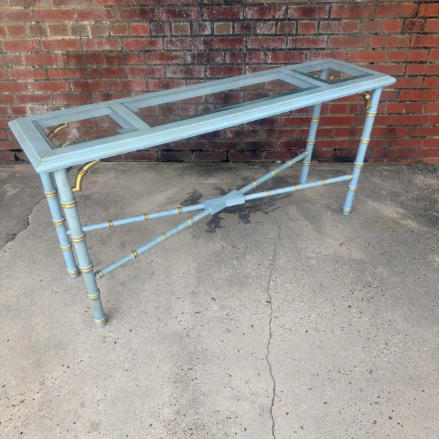 Vintage French Blue and Gold Faux Bamboo Console Table Attributed to Lane Altiavista Newly Painted - Dorothy Draper Style For Sale - Image 9 of 11
