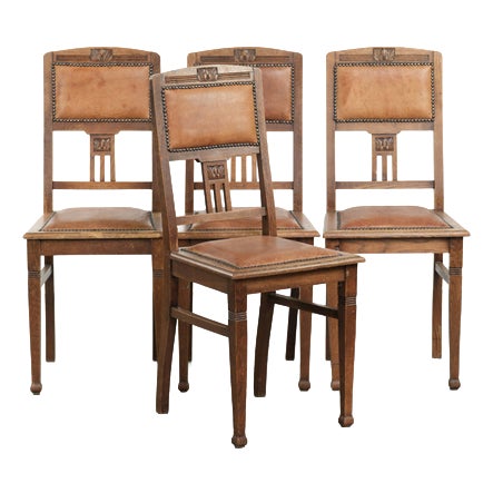 Art Nouveau Style Oak & Sheepskin Dining Chairs, Set of 4 For Sale