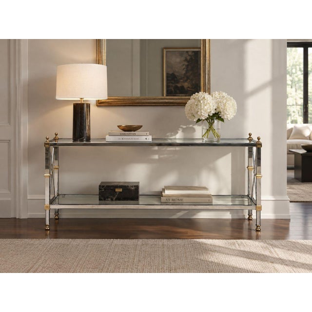 Maison Jansen Style, Hollywood Regency, Console Table, Chrome, Brass, Glass, France, 1970s An elegant French neoclassical...