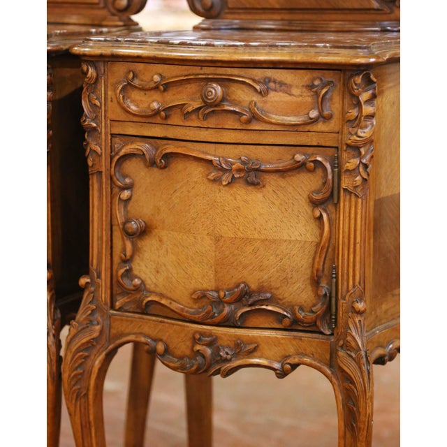Pair of Early 20th Century French Louis XV Walnut Nightstands With Marble Tops For Sale - Image 9 of 13
