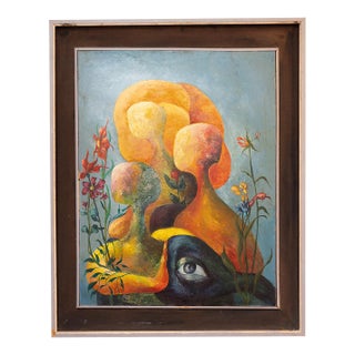 1970s Modern Surrealist Oil on Panel For Sale