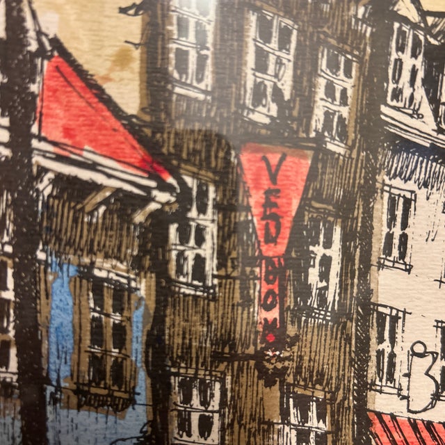 1970s Mid-Century Modern Hand-Tinted Lithograph of Old Quebec by Nikola-Château Frontenac View 22x 14 Original Oak Frame For Sale - Image 11 of 12