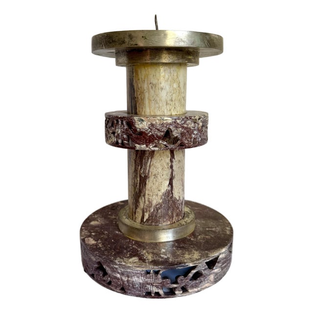 Vintage Chinese Carved Veined Marble Dragon & Phoenix Altar Candle Holder For Sale