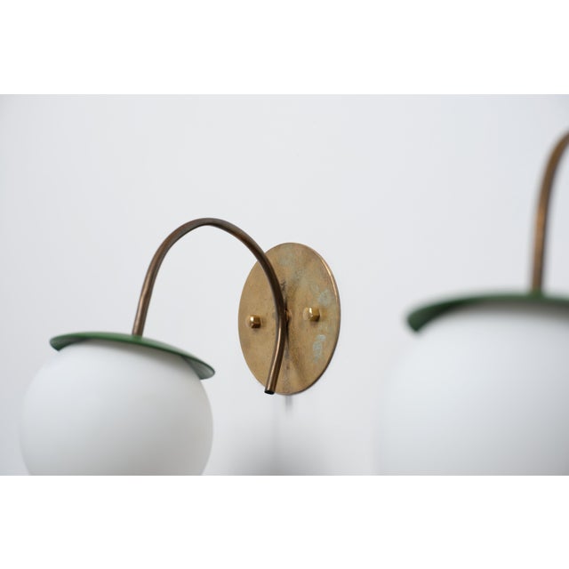 Vintage Italian Brass Wall Lamps with Green Details and Opaline Globes, 1950s, Set of 2 For Sale - Image 13 of 15