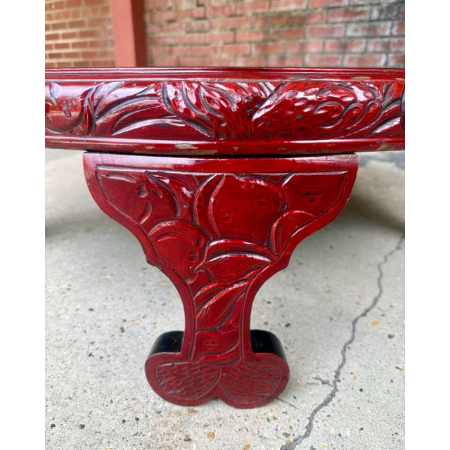 Chinoiserie Chic Vintage Asian Lacquerd Carved Tea /Coffee Table With Floral Design For Sale - Image 3 of 12