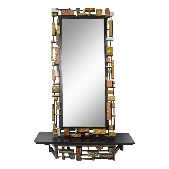 1970s Two-Piece Brutalist Mirror and Shelf Set by Syroco For Sale